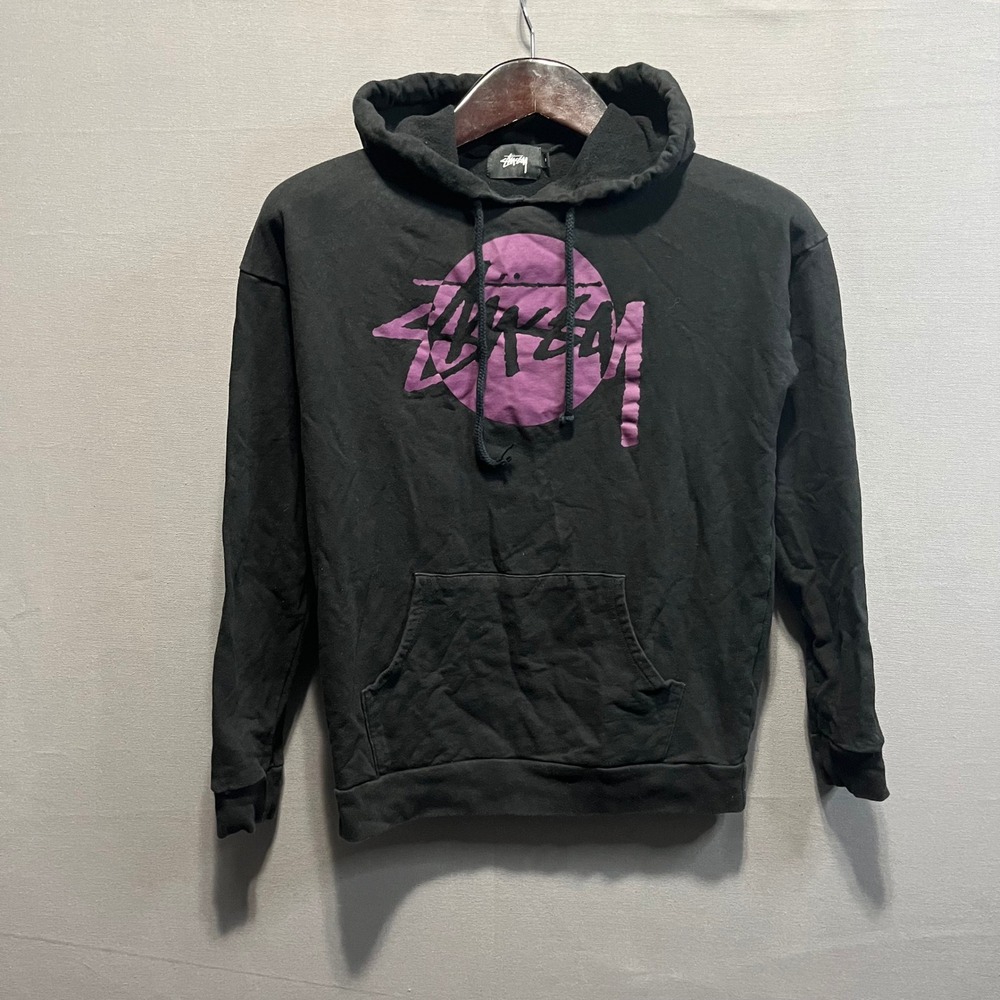 Stussy Mens Black Graphic Hoodie Purple Logo Pullover Sweatshirt Small USA Made